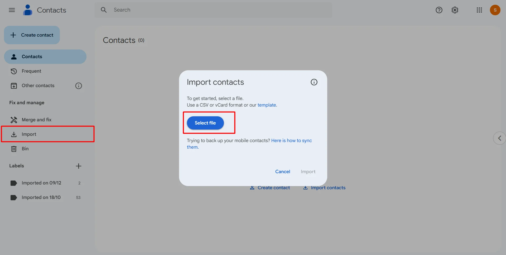 Screenshot of Google Contacts import window showing the 'Select file' button.