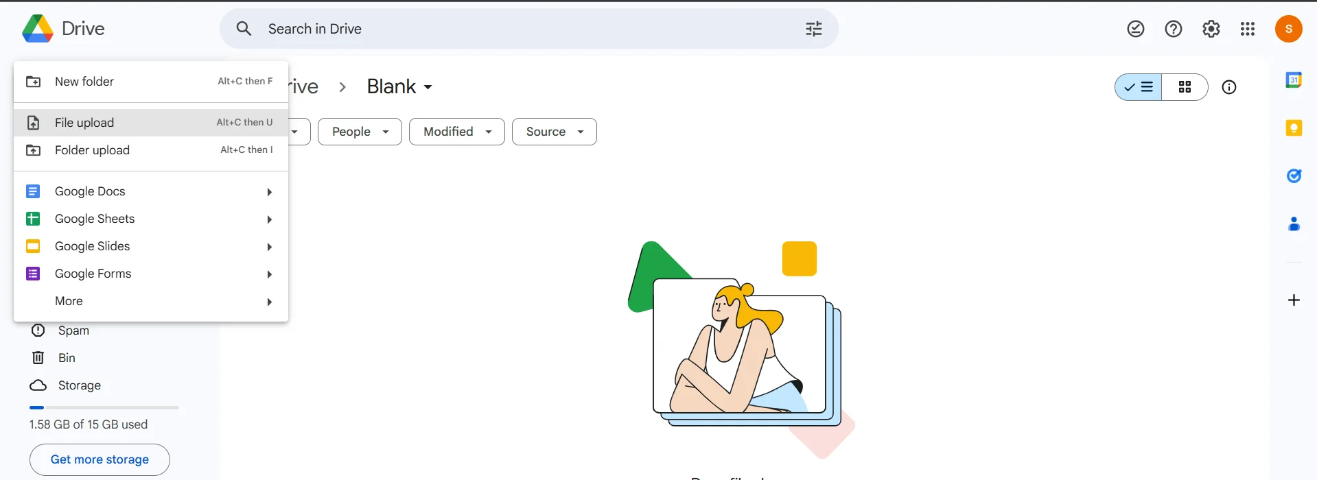 Screenshot of Google Drive web interface highlighting the 'New' button and its 'File upload' and 'Folder upload' options.