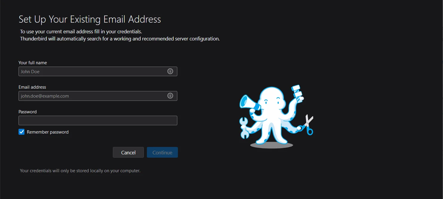 Screenshot of Thunderbird Account Setup wizard configuring a Gmail account using IMAP.