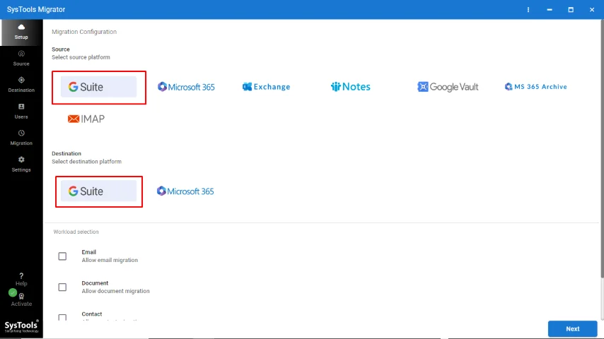 choose g suite as source and destination account