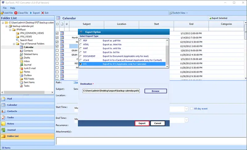 convert pst to ics