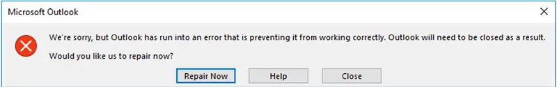 Outlook has run into an error that is preventing it from working correctly