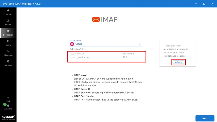 SysTools IMAP Migrator - Validating Destination Server