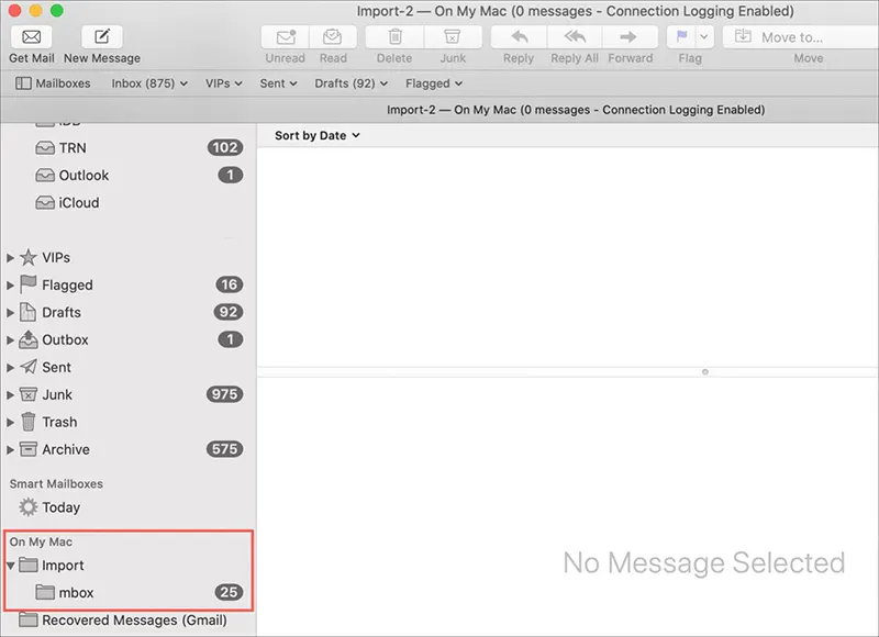 find the mbox files in import section