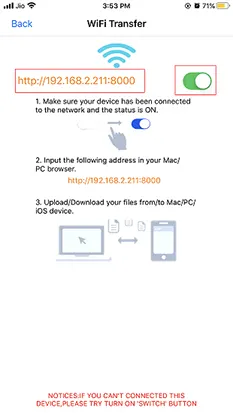 access iPhone file transfer URL on android phone browser