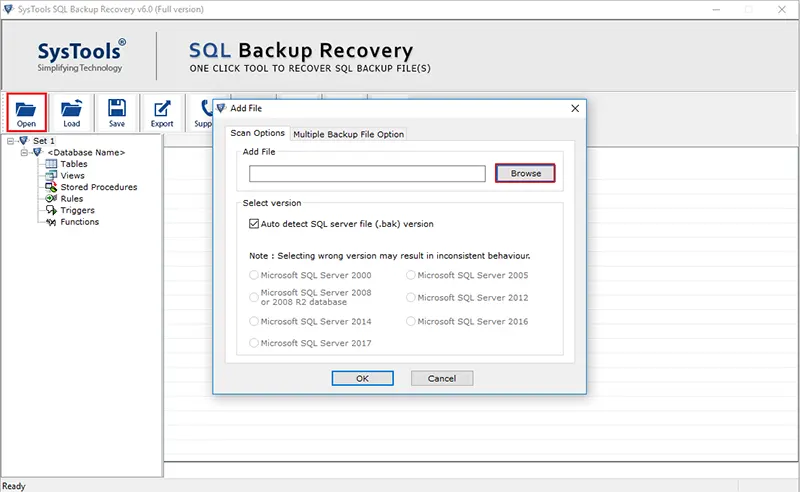 browse to add sql bak file