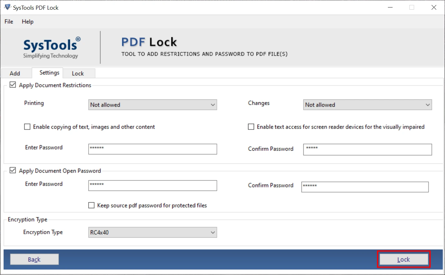 press lock button to add pdf restrictions