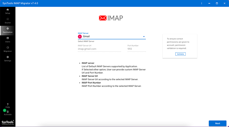 Validate the destination Gmail IMAP server