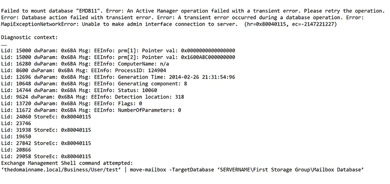mapiexceptionnetworkerror unable to mount database error