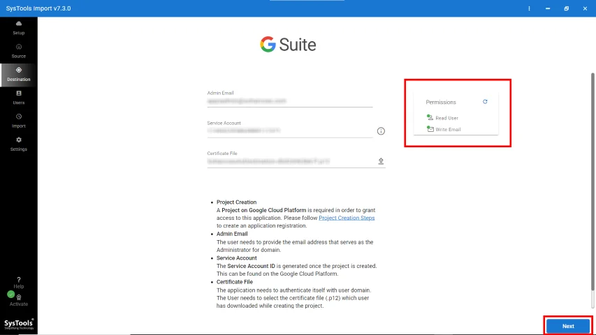 G Suite Destination Validated - Click Next