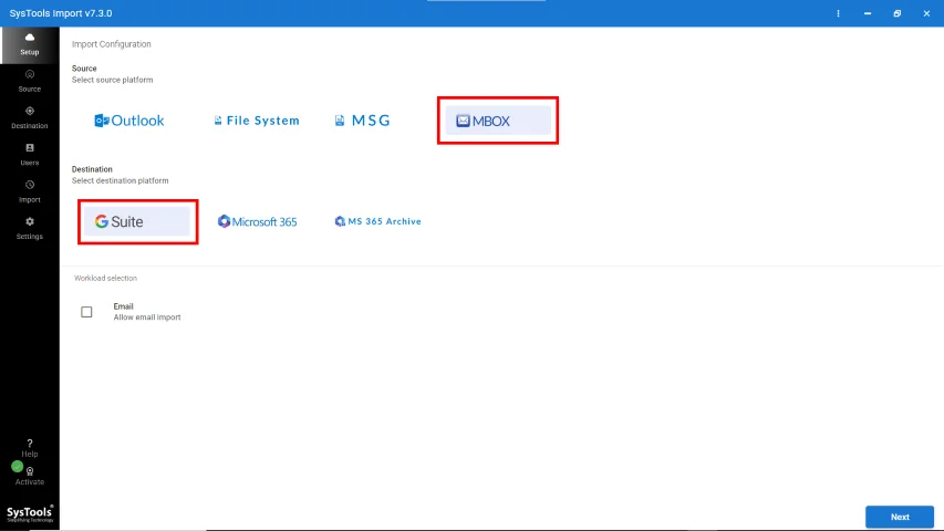 Select MBOX as Source and G Suite as Destination