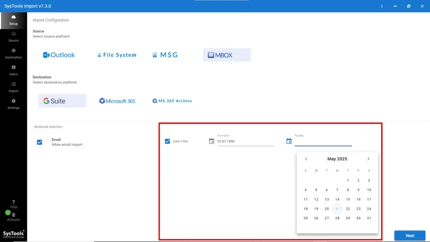 Date Filter for importing MBOX to Google Workspace