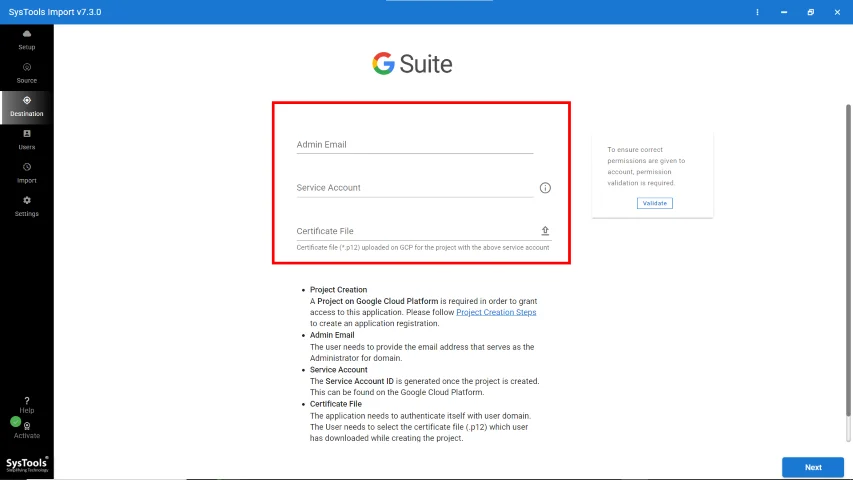 G Suite Destination Screen - Credentials