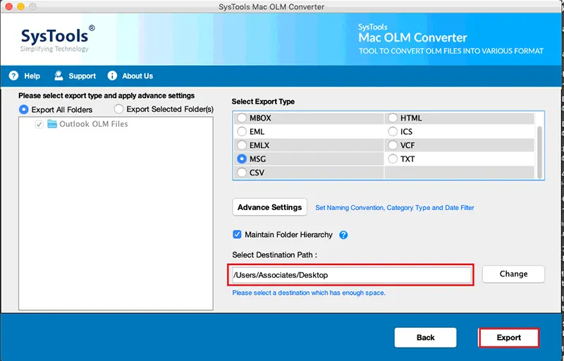 click export to migrate olm to apple mail