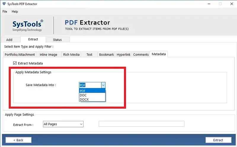 extract pdf metadata to pdf, doc & docx
