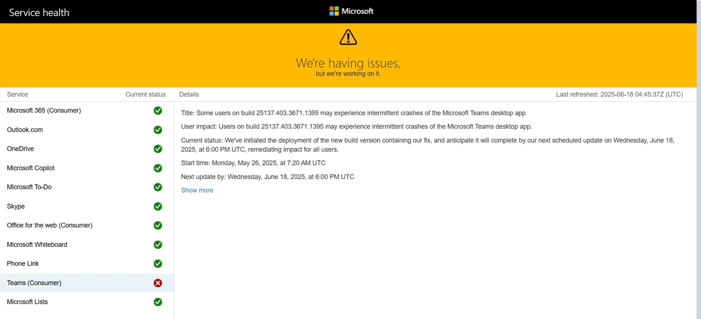 Microsoft service health dashboard showing a separate Teams issue.