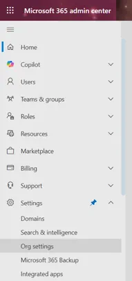Screenshot of M365 admin center sidebar highlighting 'Org settings'