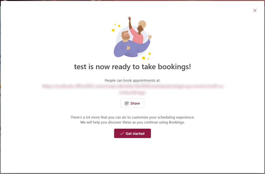 The main dashboard of a newly created shared MS Bookings page after setup is complete.