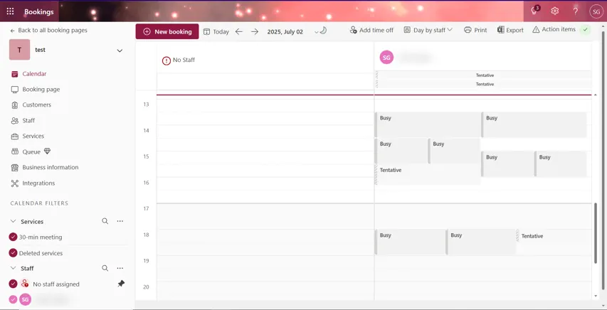 Example calendar for scheduling.