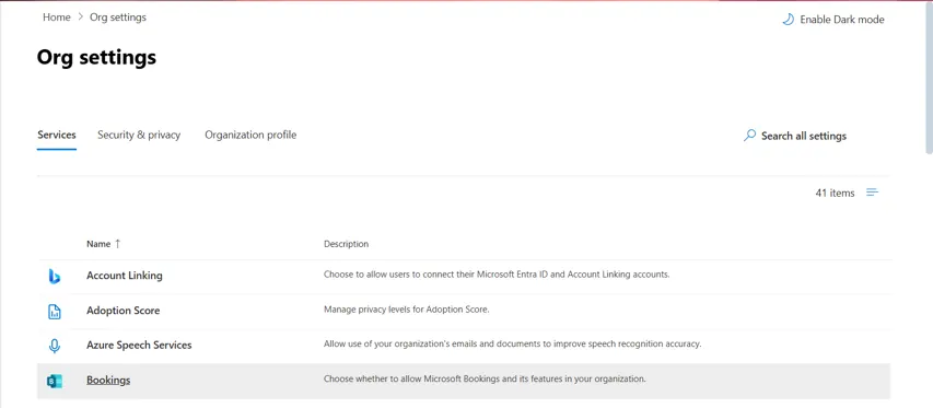 Finding the MS Bookings settings within the Org settings page in the admin center.