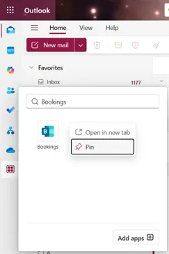 Accessing from the Outlook sidebar under 'More apps'.