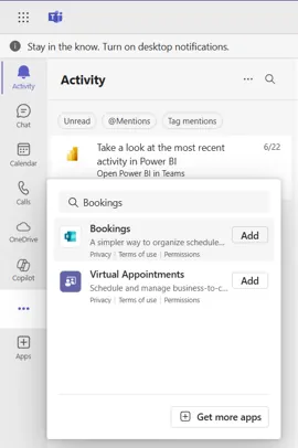 Adding the MS Bookings app to the Microsoft Teams sidebar for easy access.