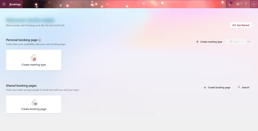 The main MS Bookings page showing the starting point for setting up personal and shared Microsoft Bookings.