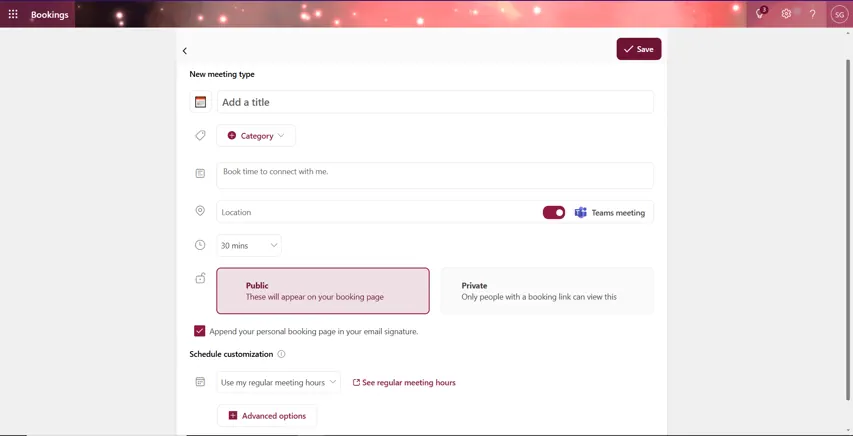 Setting up a personal booking using the features of Microsoft Bookings like title, description, and location.