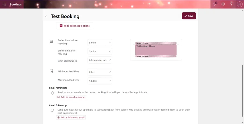 Exploring advanced Microsoft Bookings features such as buffer time and lead time for a new MS Bookings meeting.