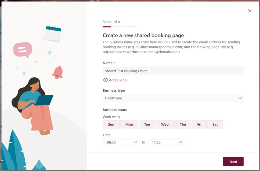Initial steps of setting up a shared MS Bookings page, including business name and hours.