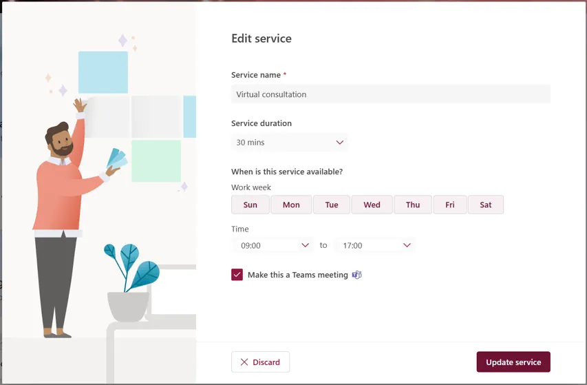 Editing an appointment service, showing some of the key features of Microsoft Bookings for customization.