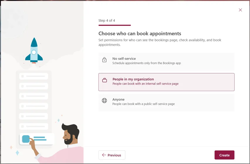 Choosing access permissions for a new MS Bookings page, a final step in setting up Microsoft Bookings.