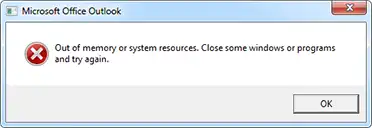 Microsoft Outlook out of memory or system resources error