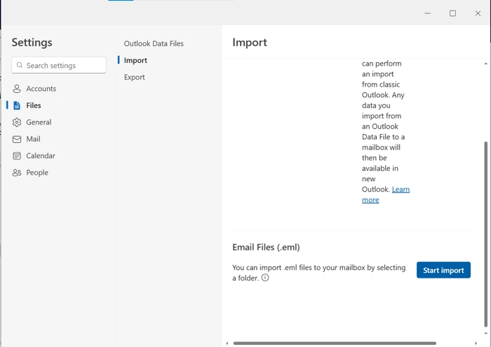 Settings > Files > Import > Scroll to Email Files (.eml) > Click on Start import