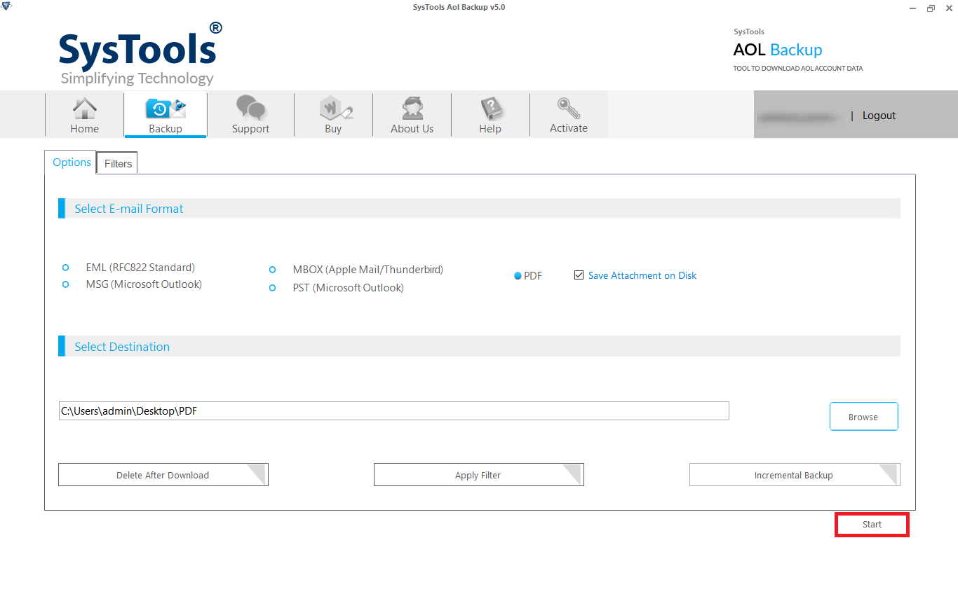 Start to convert AOL email to PDF