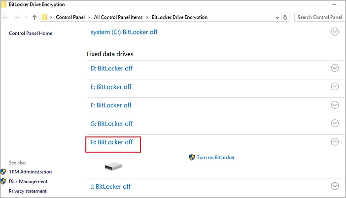 showing bitLocker off