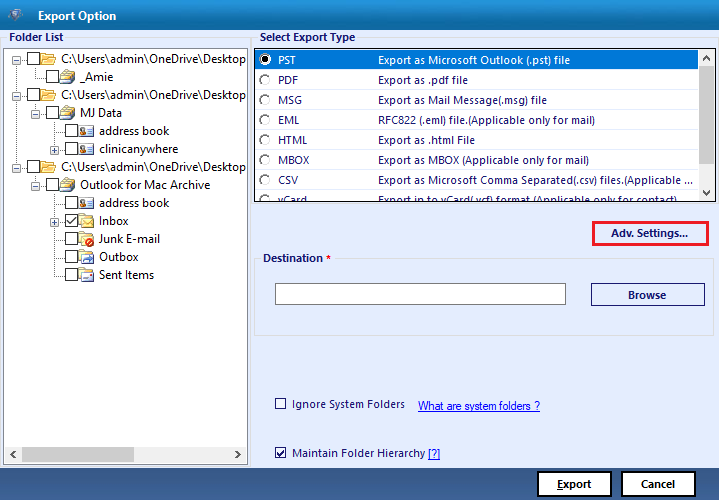 select PST format