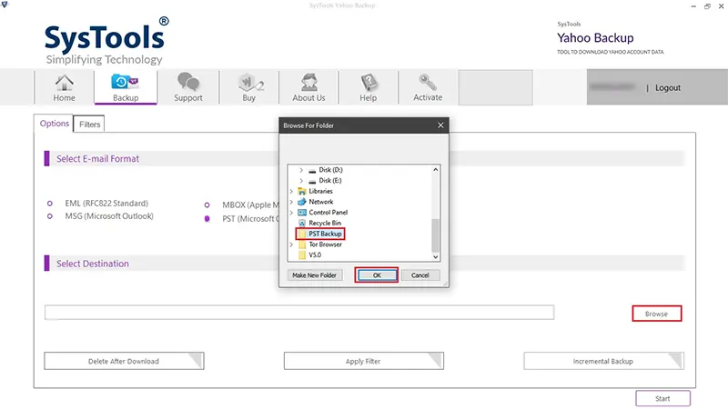 browse location to export yahoo emails