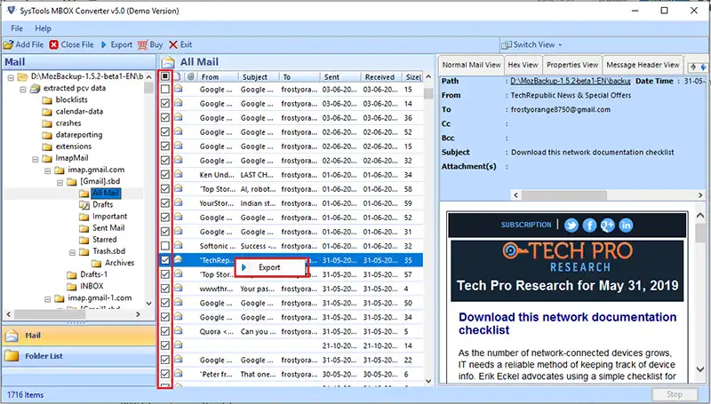 selective export pcv data
