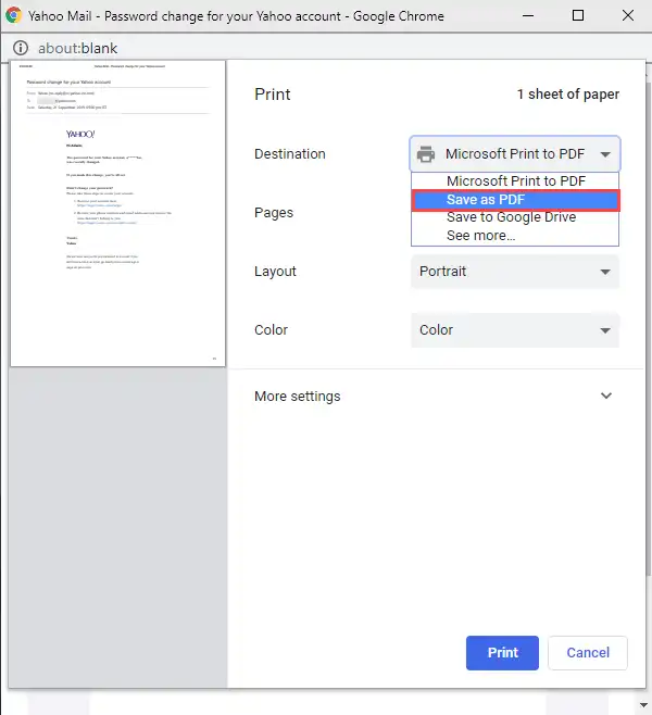 tab save as pdf to export yahoo mail