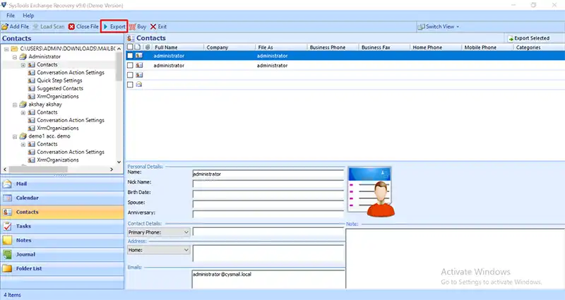 preview recovered edb contacts