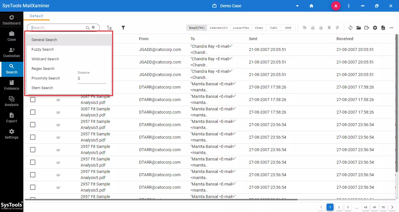 Search Options in Email Forensics Tool