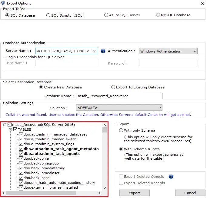 choose database object to migrate sql database