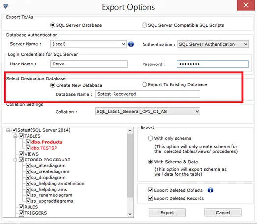 select destination database