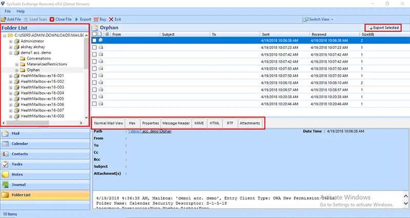click export selected button