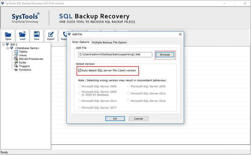 auto detect sql server bak file version