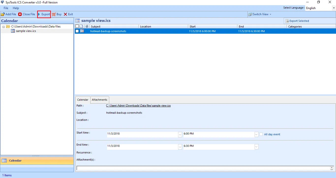 preview the calendar data and click the export option