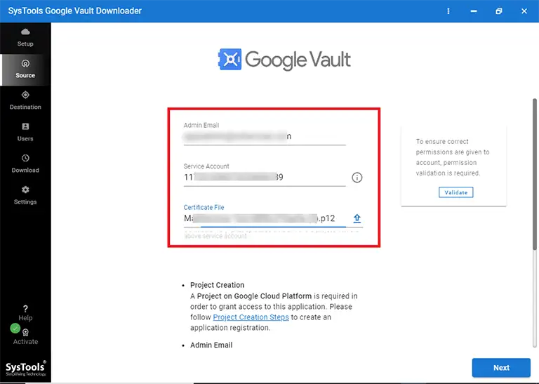 entering Google Vault credentials