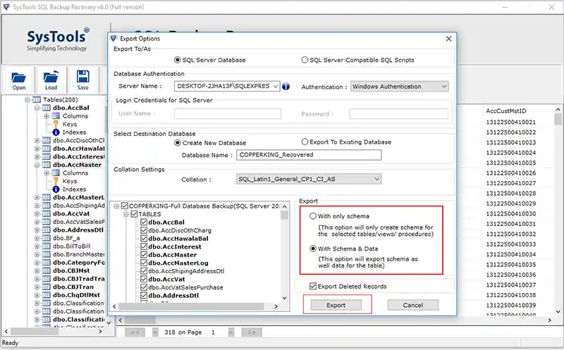 export with only schema or schema & data