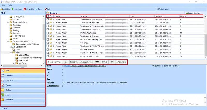 preview offline mailboxes and exchange database file